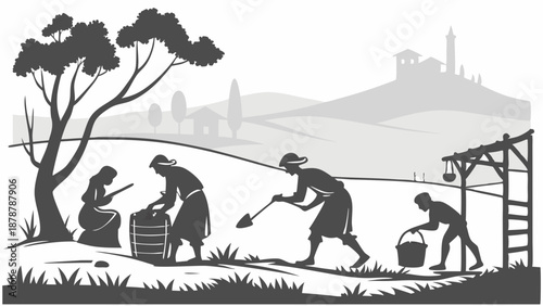 Rustic Farm Workers Tilling Soil and Drawing Water for Vineyard Harvest Illustration for Agricultural History Websites