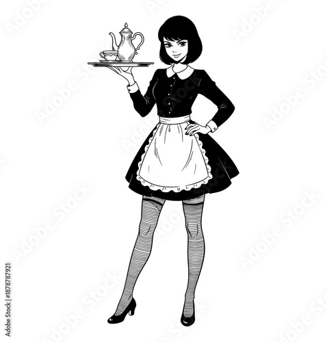 Cheerful young woman maid holding a serving tray with teapot and cup wearing alluring striped stockings and high heels