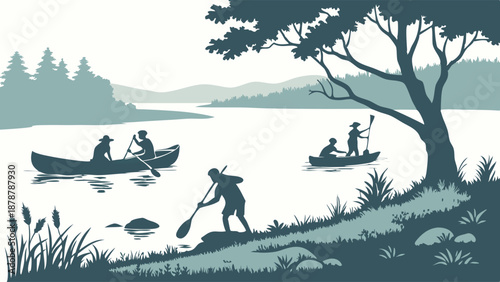 Silhouetted Canoeing and Kayaking on Serene Lake for Outdoor Adventure Travel Vacation Design