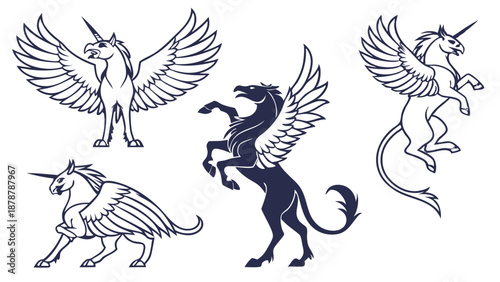 Mythical Winged Unicorn Set Heraldry Icons for Fantasy Gaming Logos Tattoo Designs Powerful Majestic Creatures
