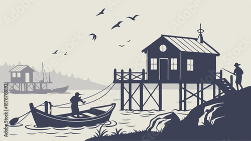 Rustic Fisherman Silhouettes Docked at Stilt House on Calm Water for Coastal Travel Web Design or Retirement Planning Ad