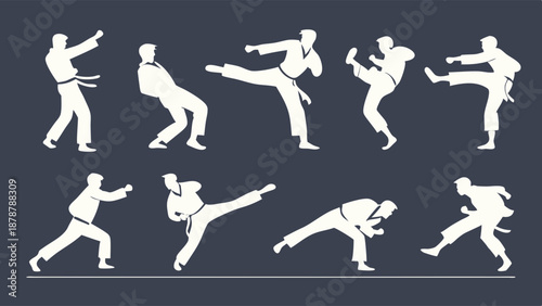 Dynamic Silhouettes of Martial Arts Fighters Performing Karate Kicks and Punches for Sports Fitness Design Projects