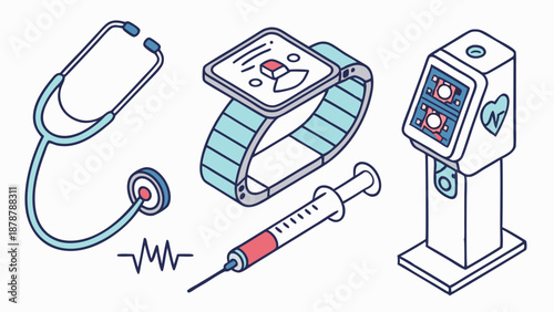Isometric Medical Technology Icons for Healthcare App Design Monitoring Patient Vitals and Remote Care Solutions