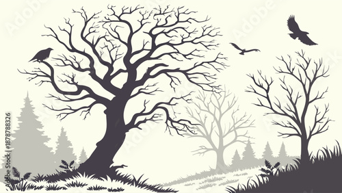 Bare Winter Trees Silhouette Landscape with Crows Flying for Seasonal Design Projects and Eerie Atmospheric Backgrounds