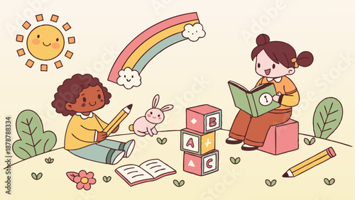 Happy Children Learning Outdoors with Books Blocks and Rabbit for Preschool Education Website Design