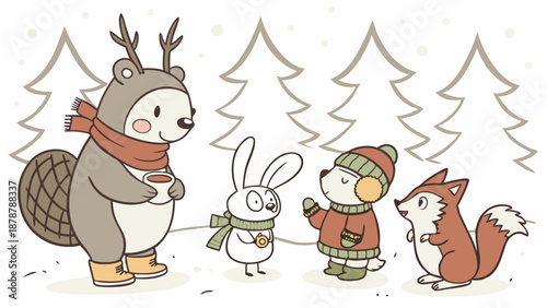 Charming Winter Forest Gathering Cute Woodland Animals Sharing Hot Cocoa for Holiday Greeting Cards or Seasonal Web Design Projects