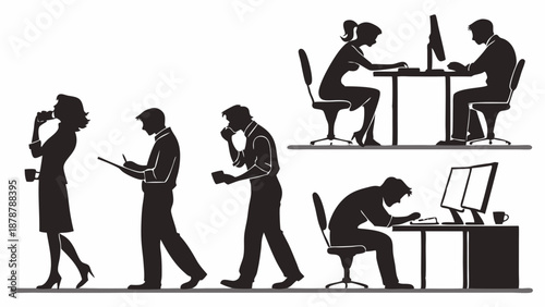 Office Worker Postures Silhouettes Showing Good and Bad Ergonomics for Health and Productivity Training Materials