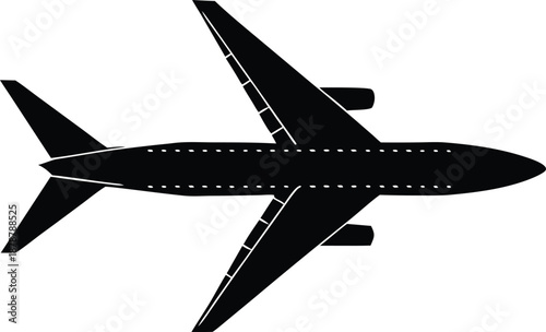 Black airplane top view silhouette, Global passenger flight transportation symbol