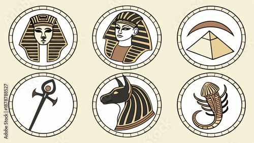 Ancient Egyptian Icons Set Pharaoh Anubis Pyramid Scepter for History Game Design or Cultural Presentation Graphics