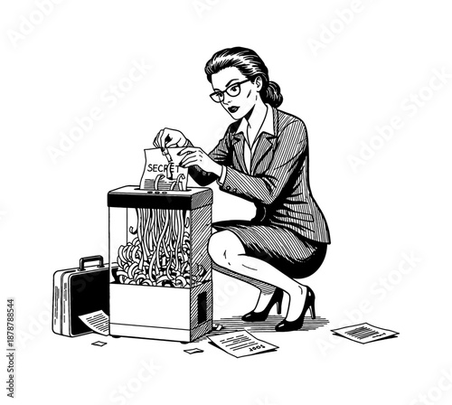 Serious Businesswoman Shredding Secret Documents Discreetly with a Paper Shredder and Briefcase