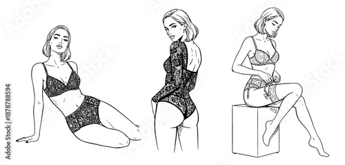 Elegant women modeling various lace lingerie sets with confident expressions in a stylish black and white illustration