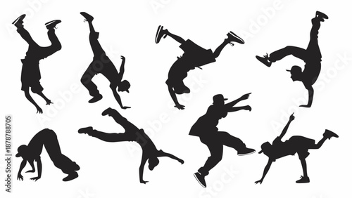 Dynamic Breakdancing Silhouettes Set for Hip Hop Dance Flyers Sports Event Posters Youth Culture Promotion