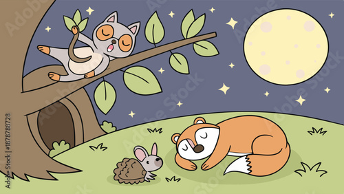 Cute Forest Animals Sleeping Under Bright Full Moon Night Sky for Children's Book Illustration or Bedtime Story Design