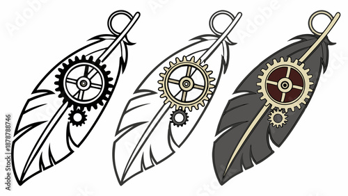 Steampunk Feather Gear Tattoo Design Set Mechanical Vintage Quill Vector Illustration for Fantasy Projects and Goth Style Decor