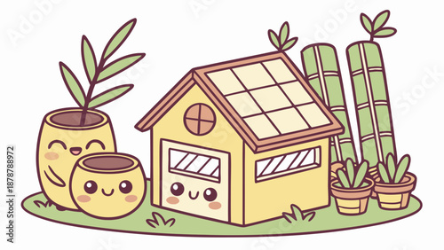 Cute Kawaii Greenhouse Home with Happy Potted Plants for Gardening App Icons or Eco Friendly Web Design Elements