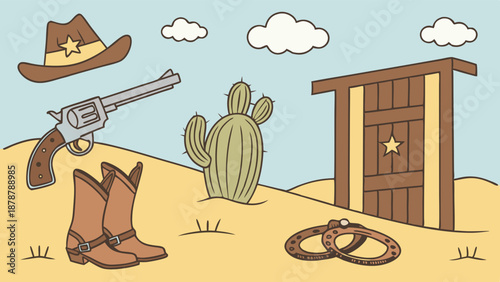 Wild West Cowboy Gear and Desert Scene for Western Themed Web Design Adventure Game Illustration