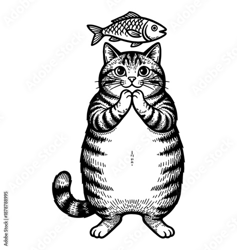 Adorable tabby cat standing upright with paws pressed together looking hopefully at a fish floating above its head