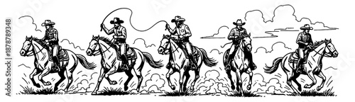 Five American cowboys riding horses with lassos in a determined dynamic black and white illustration