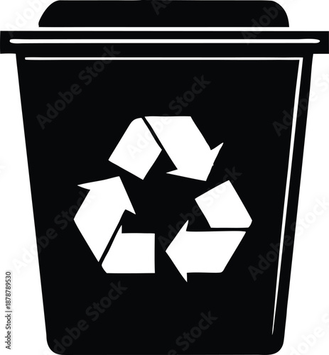 Black recycling bin vector illustration, Waste management container pictogram