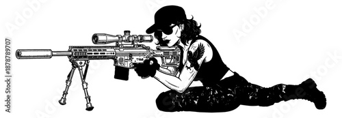 Serious woman in tactical attire aiming a high power sniper rifle from a prone position focused