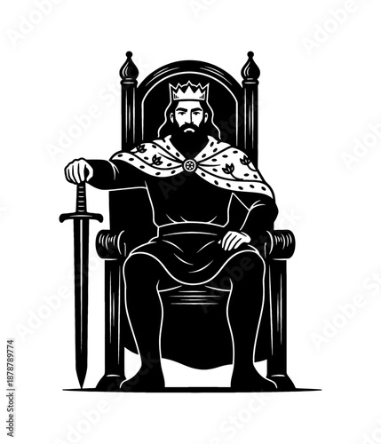 Regal King Sitting on Throne Holding a Sword with a Serious Expression in Black and White Vector Illustration