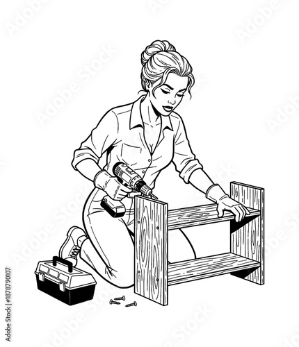A focused Caucasian woman diligently assembling a wooden shelf with a power drill and toolbox kneeling on the floor