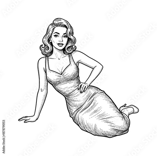 Caucasian woman in vintage dress posing charmingly with alluring smile classic pinup illustration