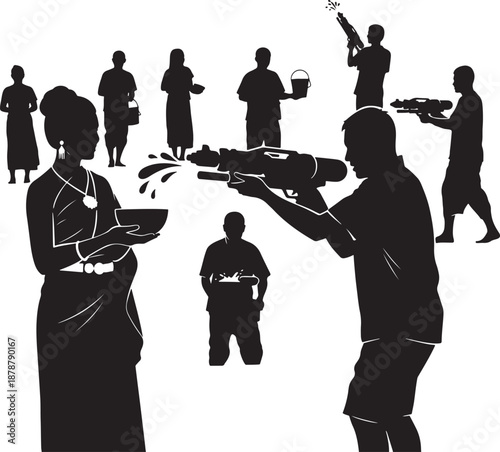 Songkran festival celebration with people and water guns on transparent background silhouette