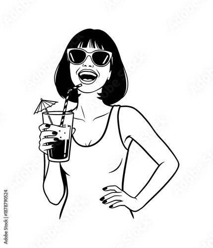 Happy woman wearing sunglasses laughing holding a tropical cocktail drink with straw and umbrella in black and white illustration