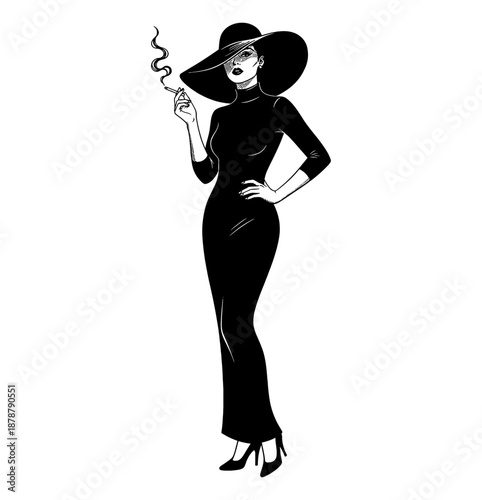 Elegant woman in a wide brim hat and a black dress confidently smoking a cigarette