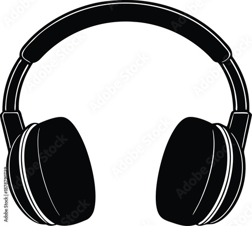 Minimalist black over-ear headphones vector illustration, Modern sound accessory music entertainment device