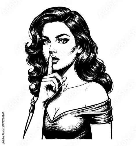 Mysterious Caucasian woman shushing with a finger on her lips looking directly at viewer in a captivating pinup illustration style