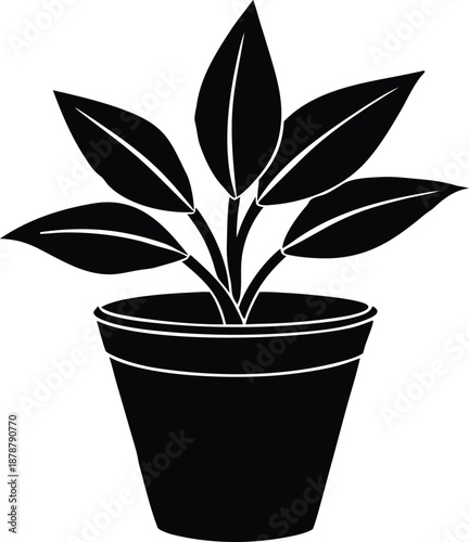 Minimalist Potted Plant Black Silhouette Icon, Home Decor Indoor Plant Vector Symbol