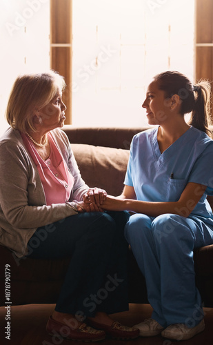 Fotografie Nurse, senior woman and holding hands for empathy, comfort and compassion with kindness