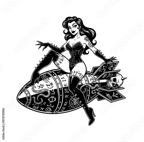 Seductive Pinup Woman Sitting Confidently on a Stylized Bomb with Runes and Skull in Black and White Artwork