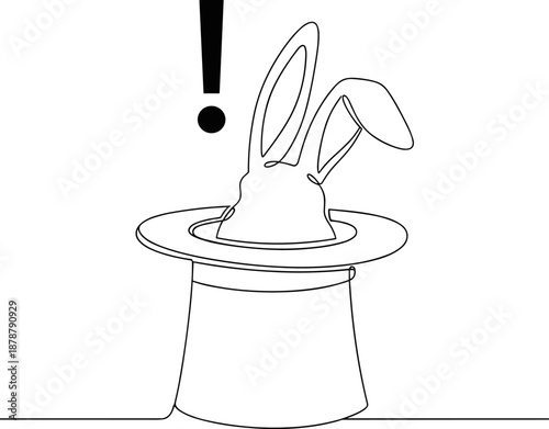 Continuous One Line Drawing of a Magic Top Hat with a Rabbit Emerging, Symbolizing Surprise, Illusion, and a Wonderful Performance — Abstract Black Vector Illustration.