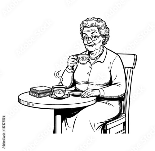 Elderly Woman Enjoying Tea Smiling Happily at a Table with Books in Detailed Black and White Line Art Illustration