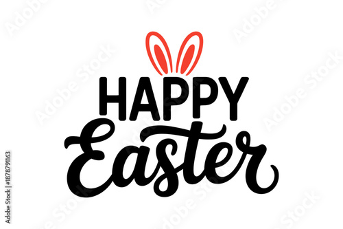 A colorful Easter greeting with bunny ears and festive text