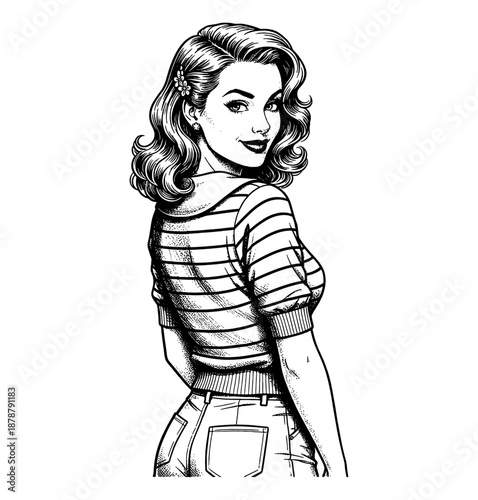 Charming Pinup Woman Smiling and Looking Back Over Shoulder in Striped Top and Jeans with Wavy Hair