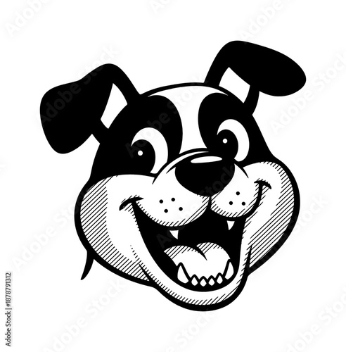 A cheerful black and white cartoon dog with a wide happy smile and open mouth showing teeth