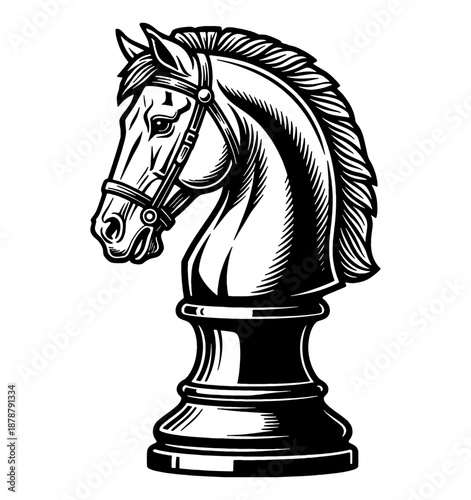 Classic chess knight piece black and white vector illustration elegant strong horse head design