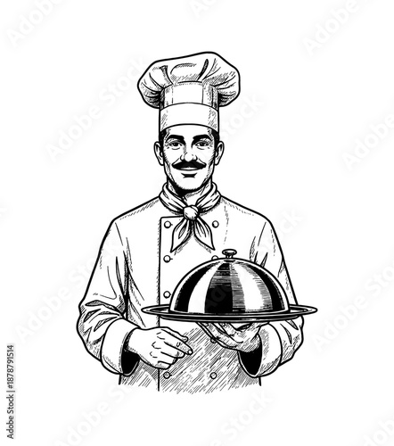 Smiling Male Chef Holding a Covered Serving Dish Presenting Food in Vintage Black and White Engraving Style