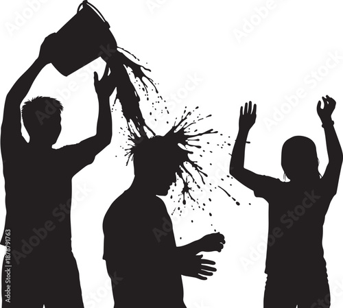 People getting drenched with water playful scene black silhouette on transparent background