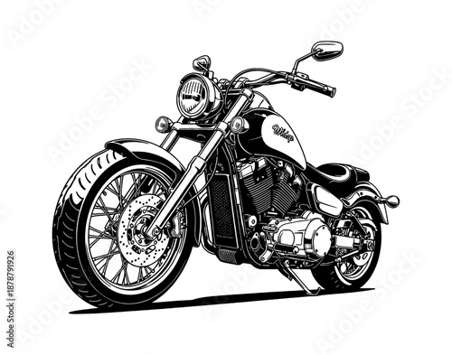 A detailed black and white vector illustration of a classic cruiser motorcycle showing its intricate engine and chrome parts
