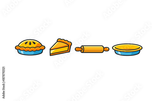 Baking elements: pie, slice, rolling pin, and pie dish