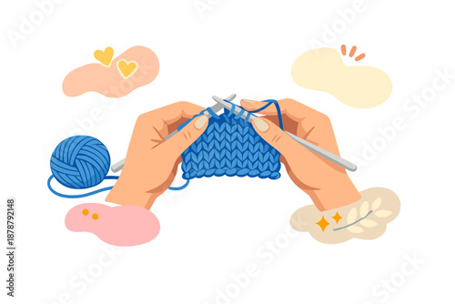 Knitting with wool yarn and glowing abstract shapes