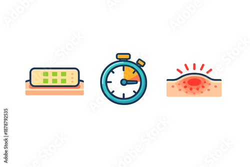 Skin care icons: patch, stopwatch, and inflamed pimple
