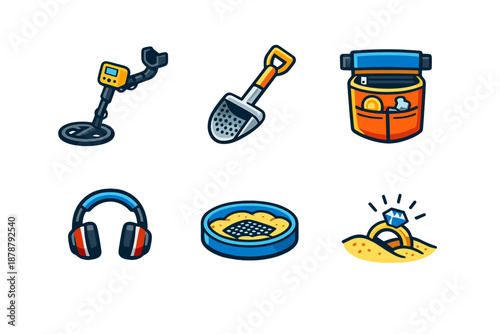 Metal detecting equipment and found treasure icons
