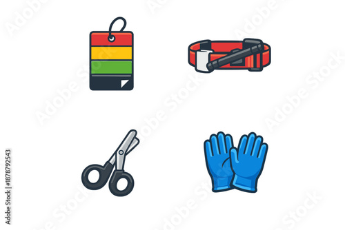 Medical supplies icons: tag, tourniquet, scissors, gloves