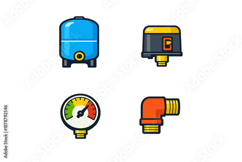 Set of water system icons: tank, pump, pressure gauge, elbow pipe